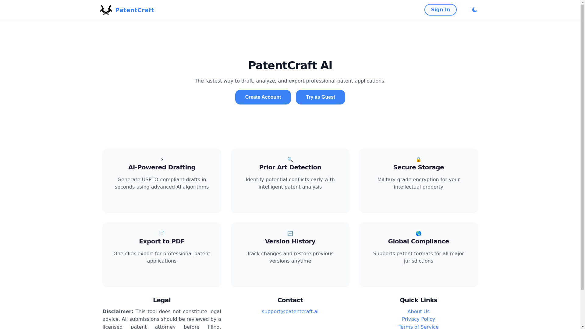 website screenshot of https://patentcraft-ai.pages.dev/
