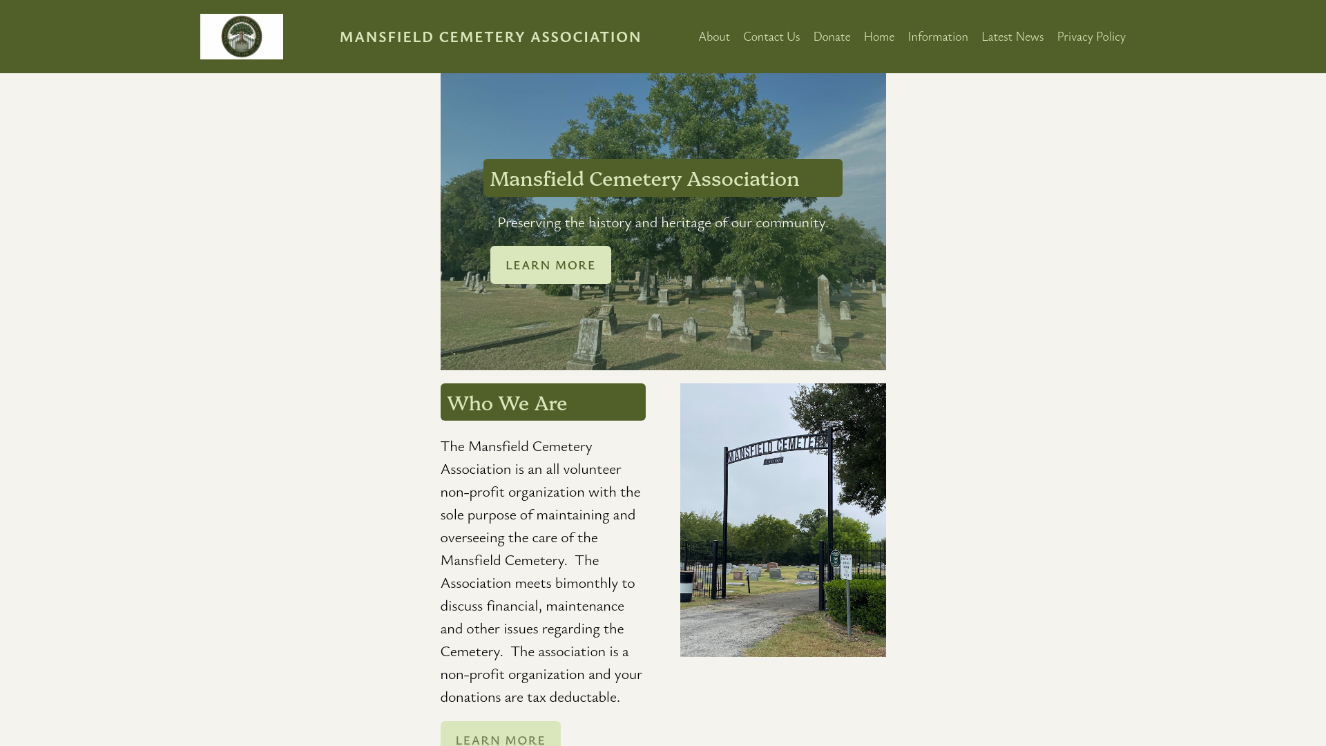 website screenshot of https://mansfieldcemeteryassociation.org/
