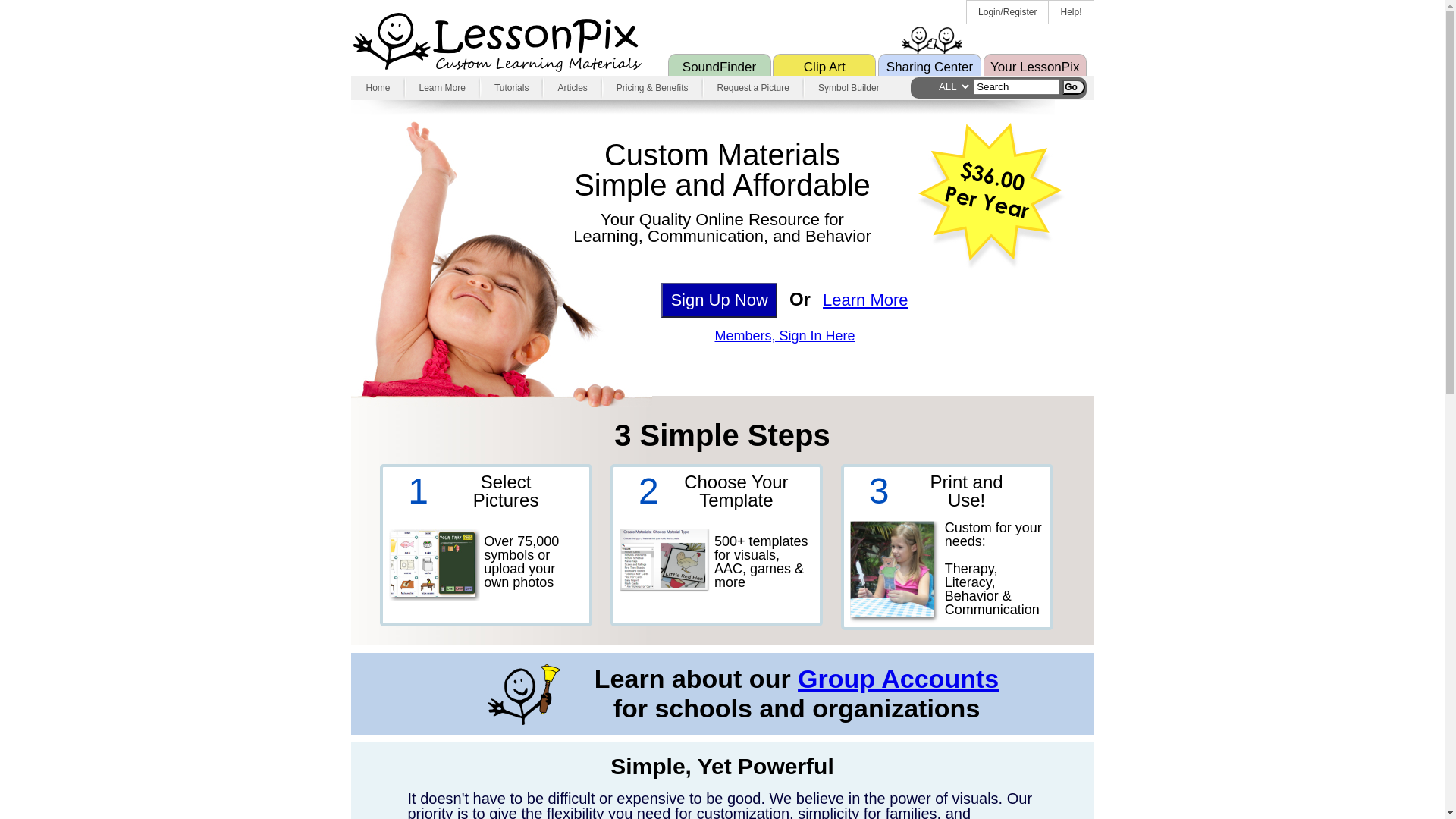website screenshot of https://lessonpix.com/