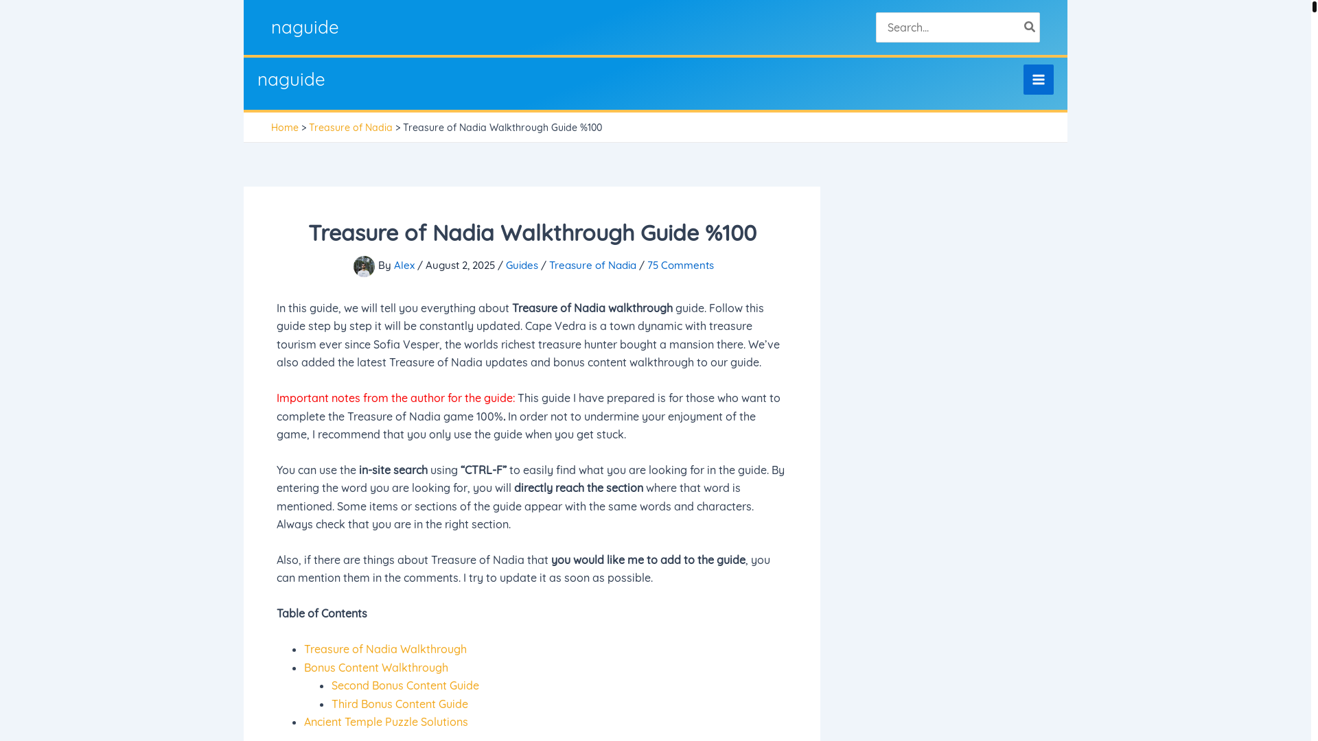 website screenshot of https://www.naguide.com/treasure-of-nadia-guide-walkthrough/