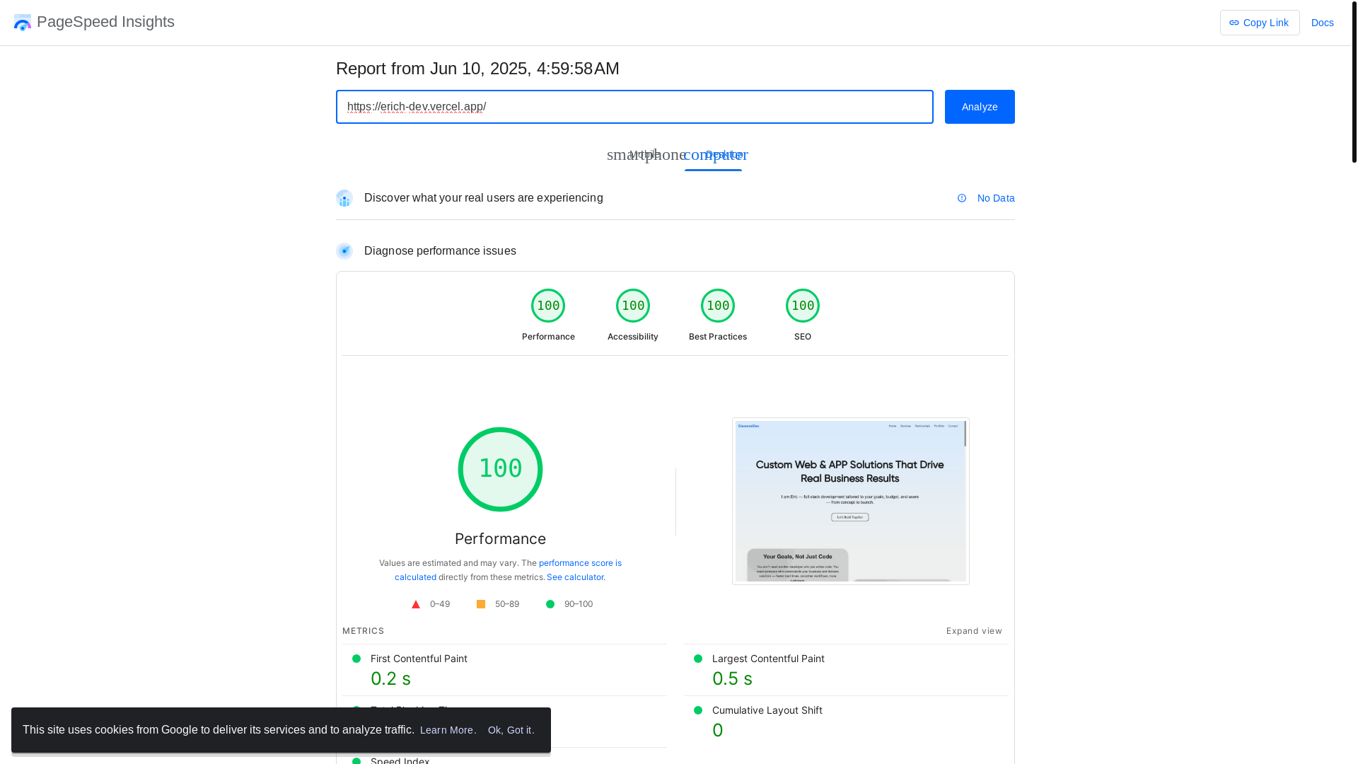 website screenshot of https://pagespeed.web.dev/analysis/https-erich-dev-vercel-app/1cnix73gty?form_factor=desktop