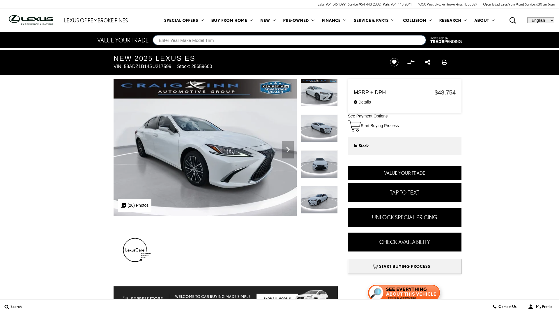 website screenshot of https://www.lexusofpembrokepines.com/inventory/new-2025-lexus-es-fwd-4d-sedan-58adz1b14su217599/