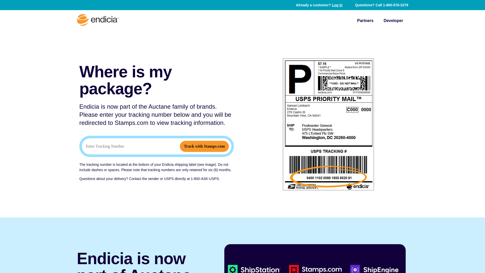 website screenshot of https://www.endicia.com/status/?PIC=9410850899563000869822