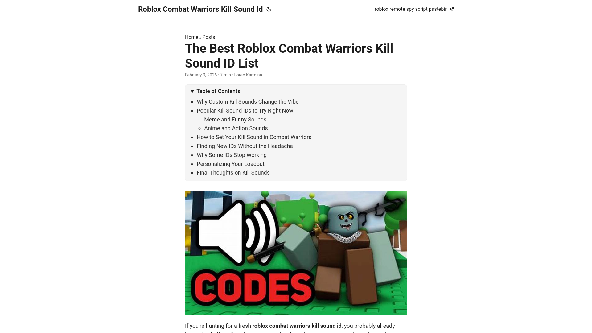 website screenshot of https://roblox-combat-warriors-kill-sound-id.pages.dev/