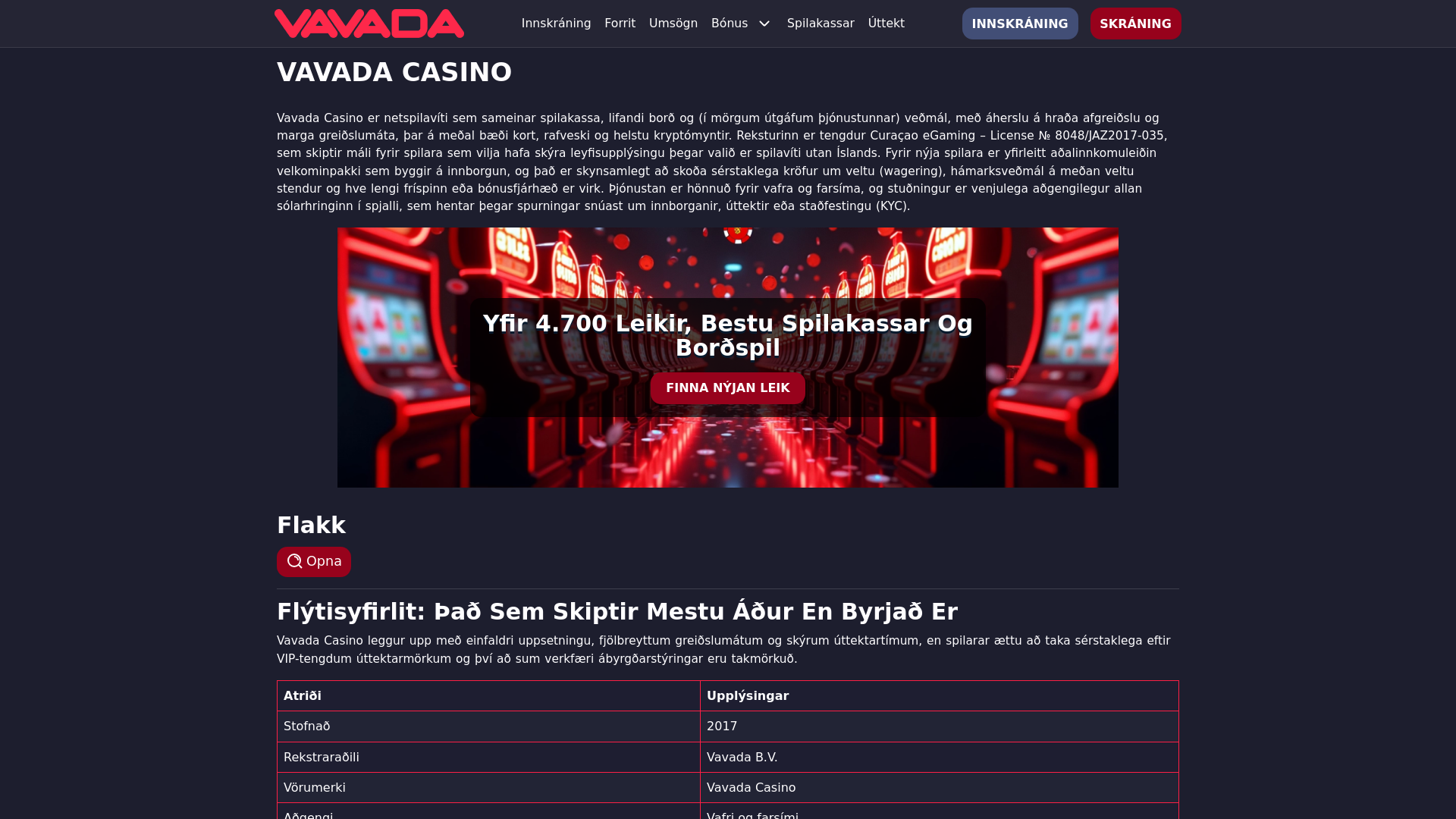 website screenshot of https://vavadacasino.is/
