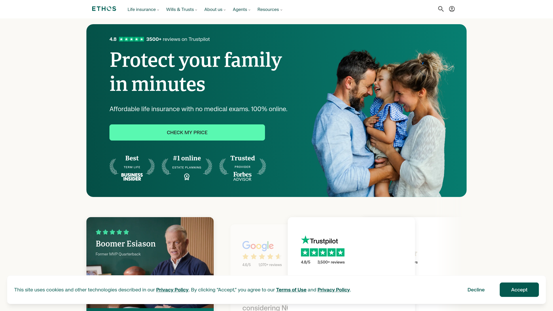 website screenshot of https://ethos.com