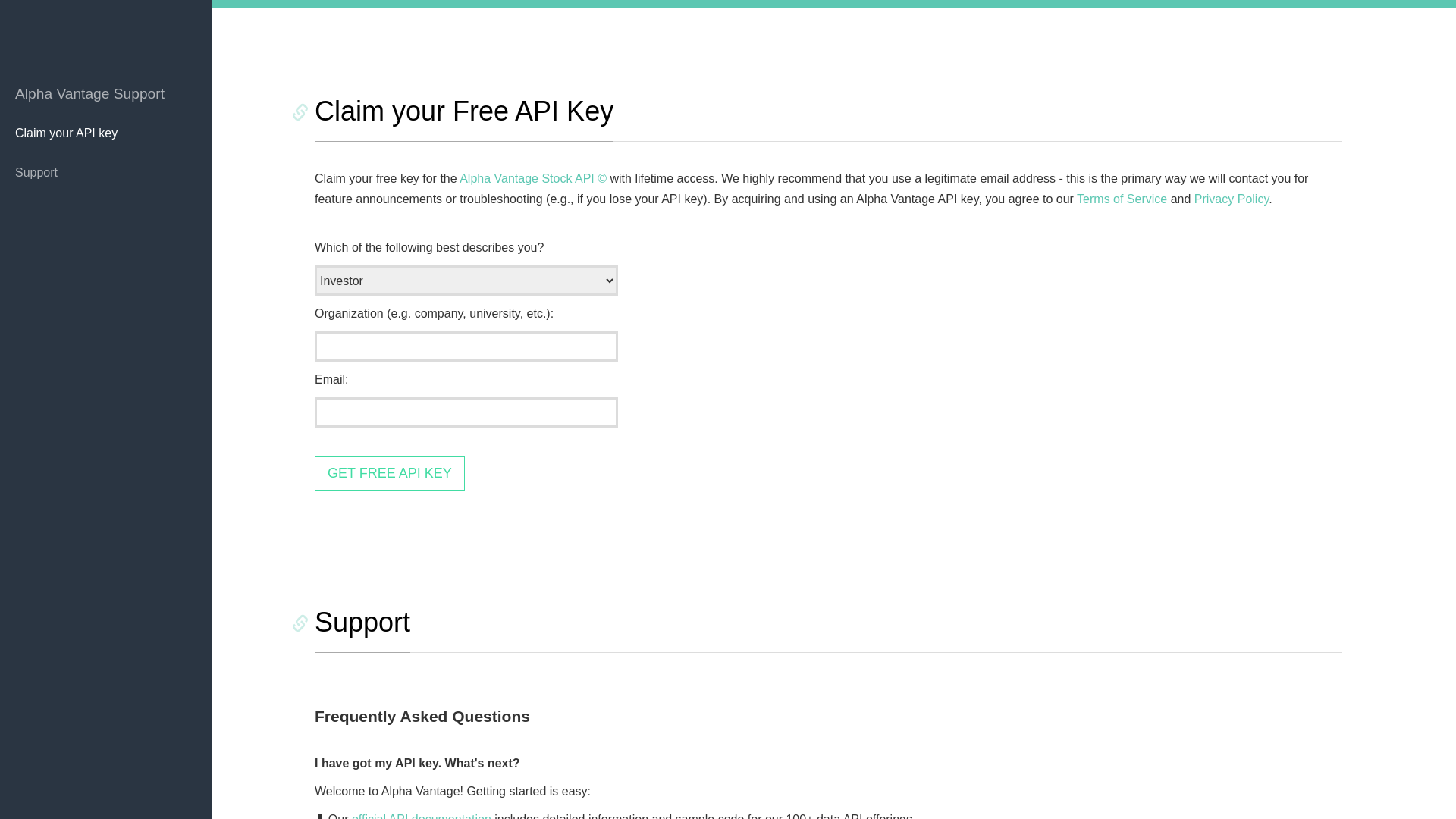 website screenshot of https://www.alphavantage.co/support/#api-key