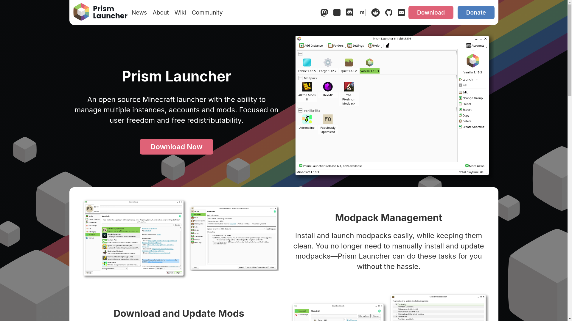 website screenshot of https://prismlauncher.org/