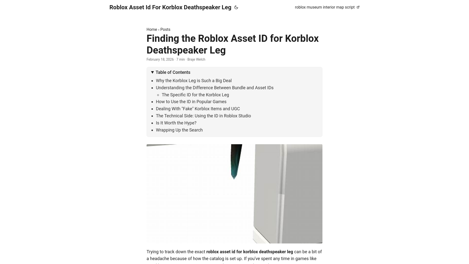 website screenshot of https://roblox-asset-id-for-korblox-deathspeaker-leg.pages.dev/