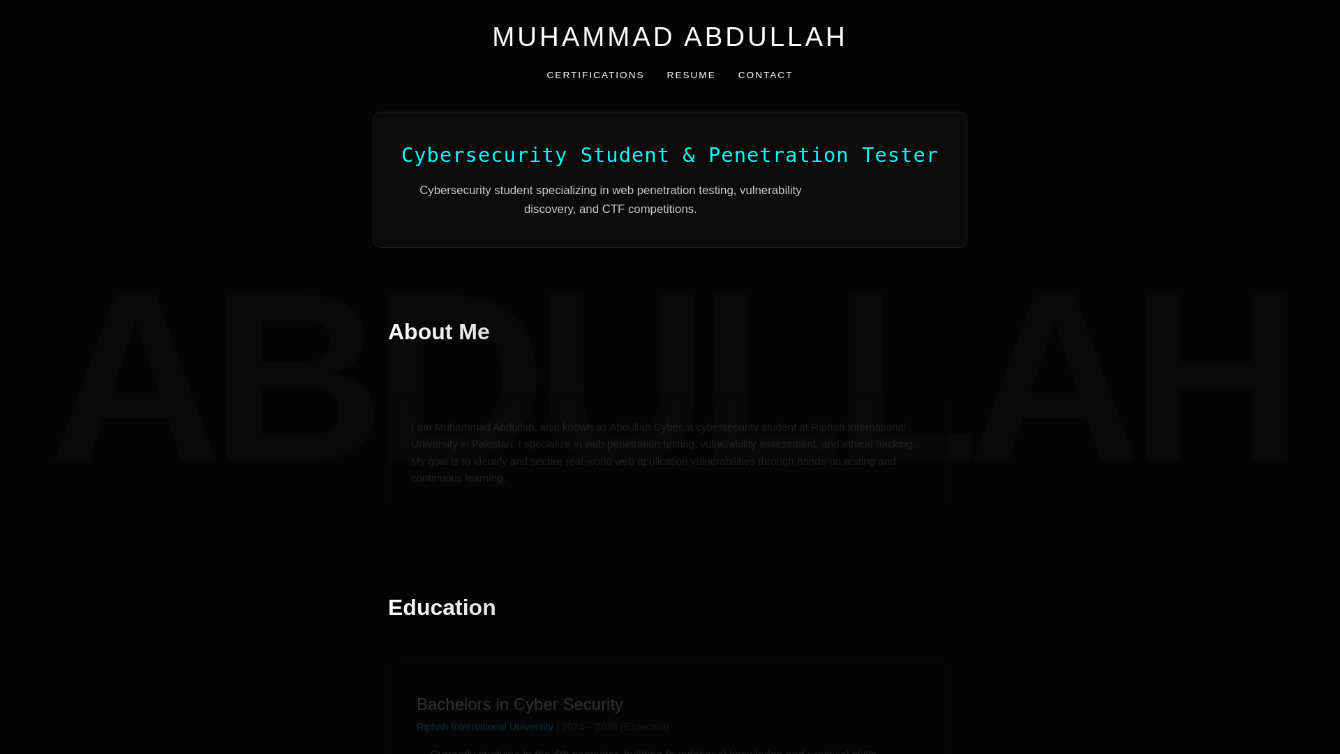 website screenshot of https://abdullahcyber.dev/