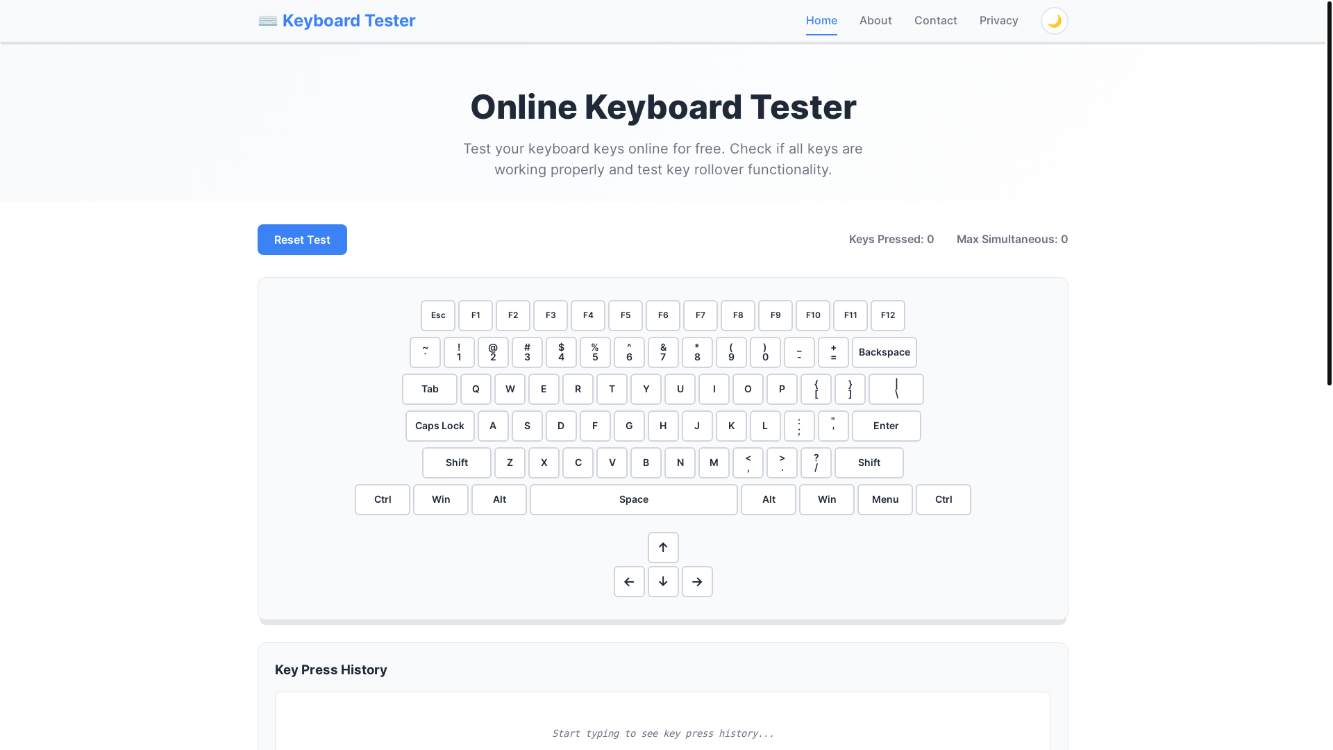 website screenshot of https://keyboard-tester.pages.dev/