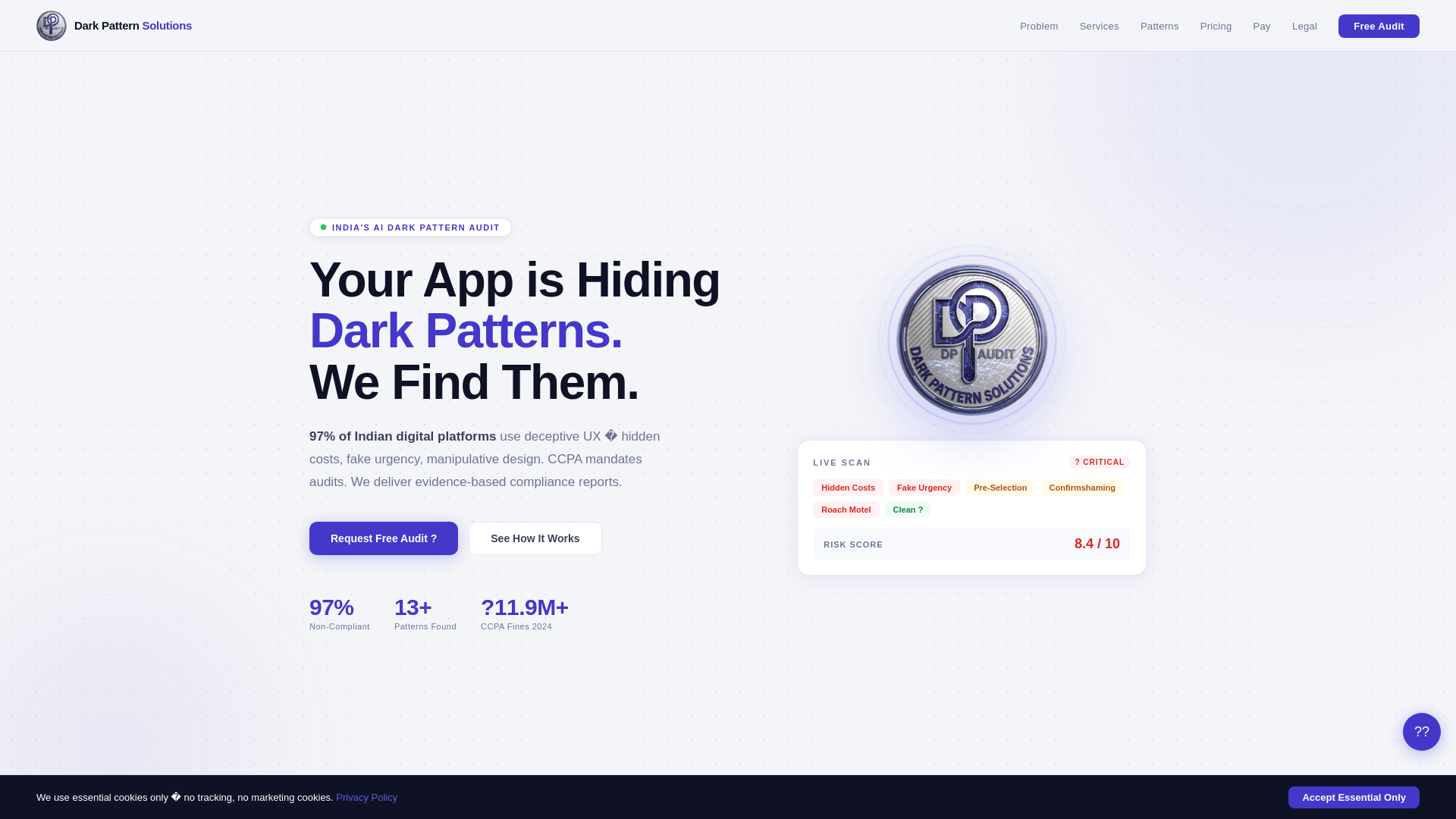 website screenshot of https://darkpatternsolution.in