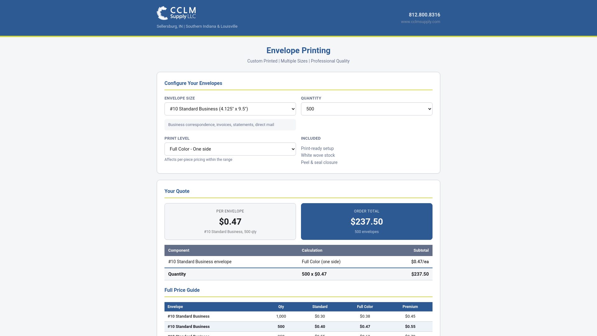 website screenshot of https://cclm-envelope-pricing.pages.dev/