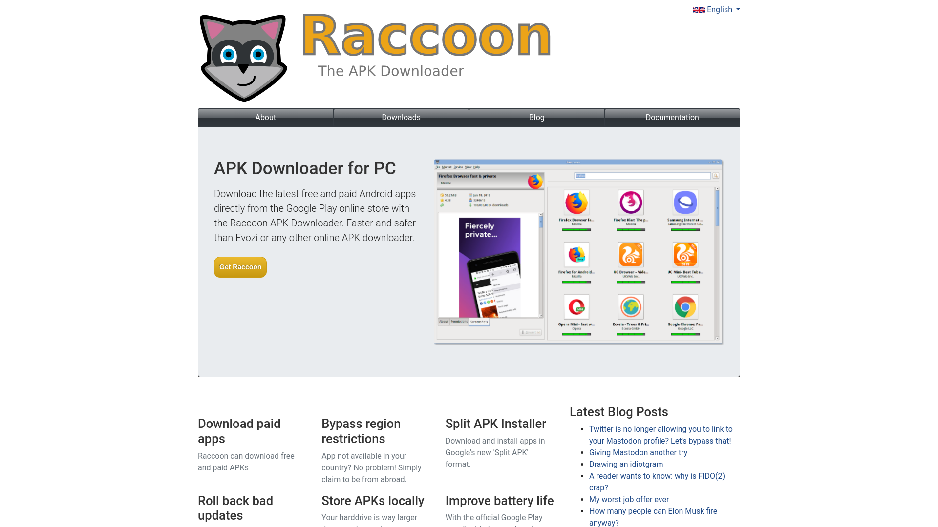 website screenshot of https://raccoon.onyxbits.de