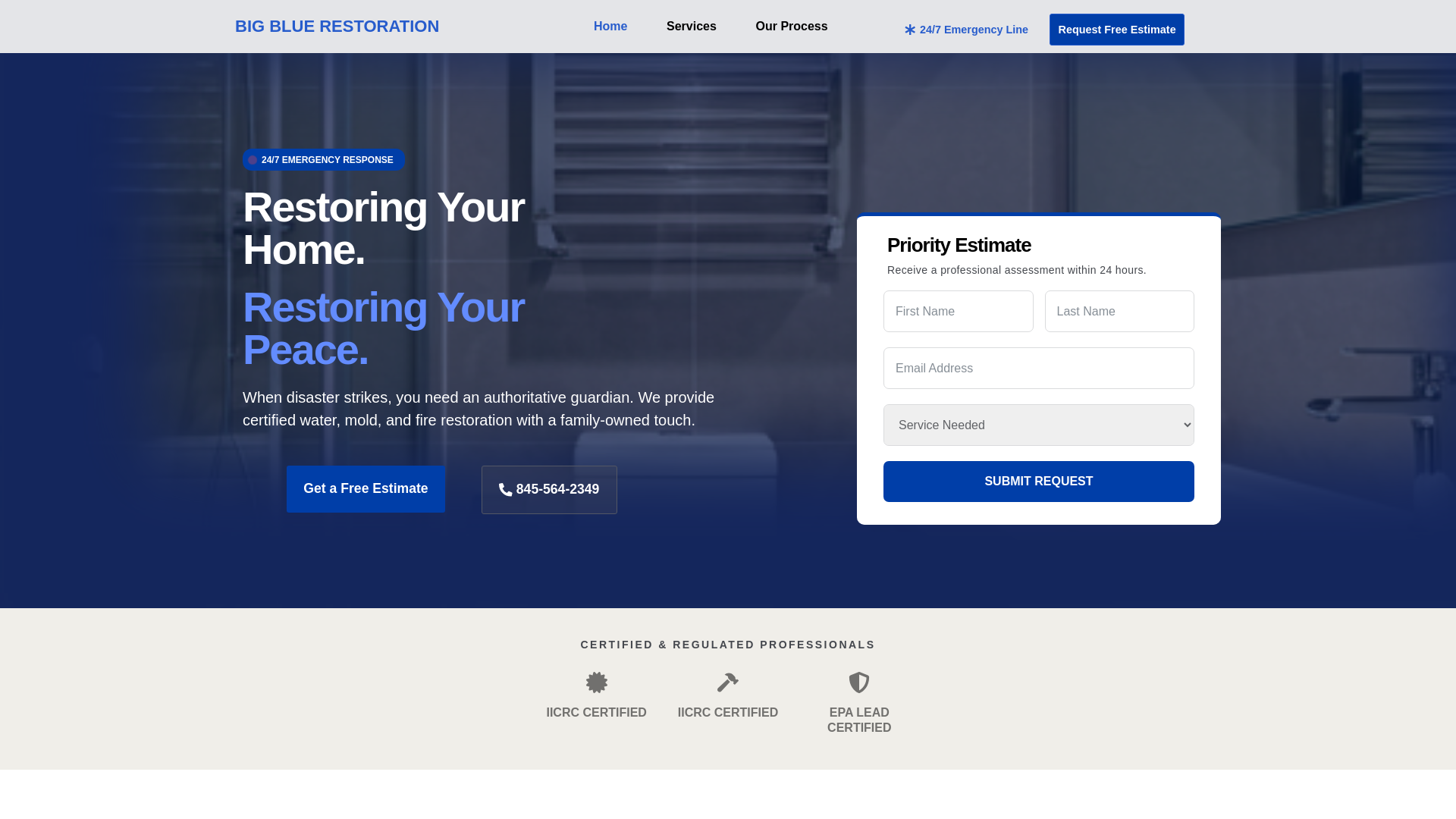 website screenshot of https://bigbluerestorationny.com