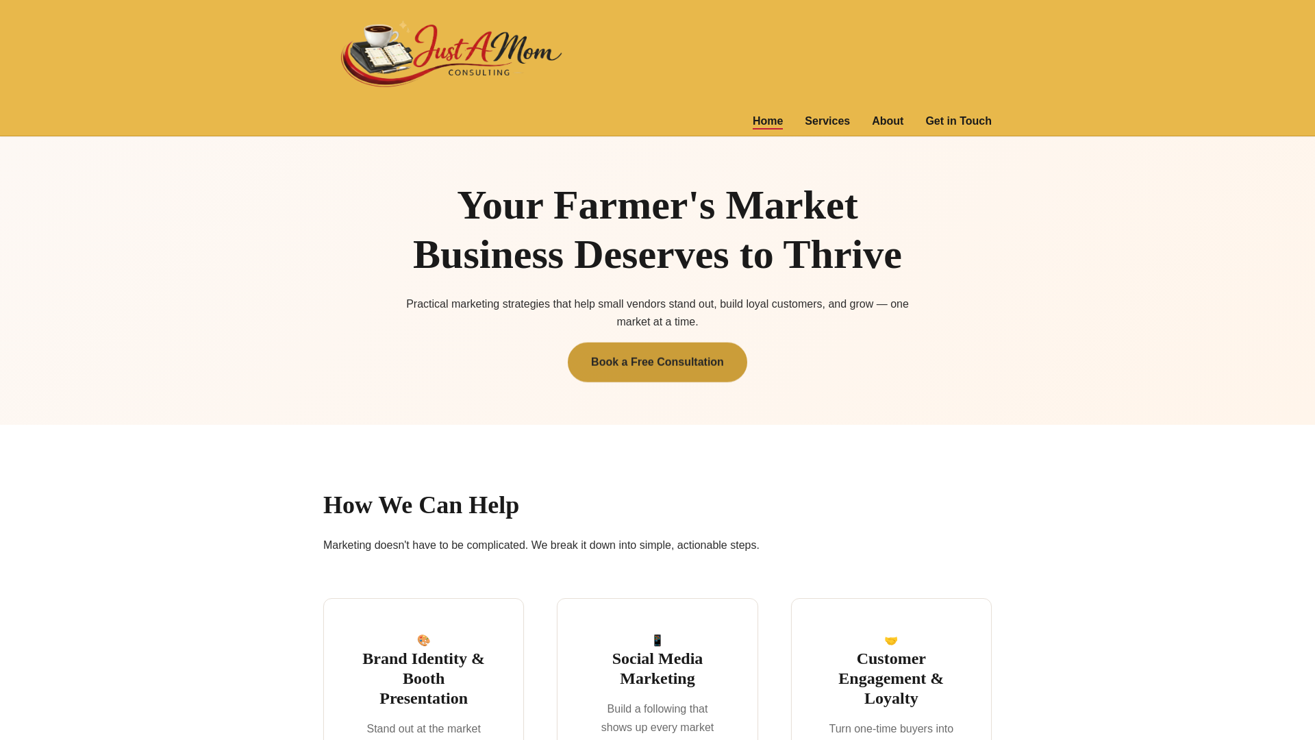 website screenshot of https://justamom.consulting/