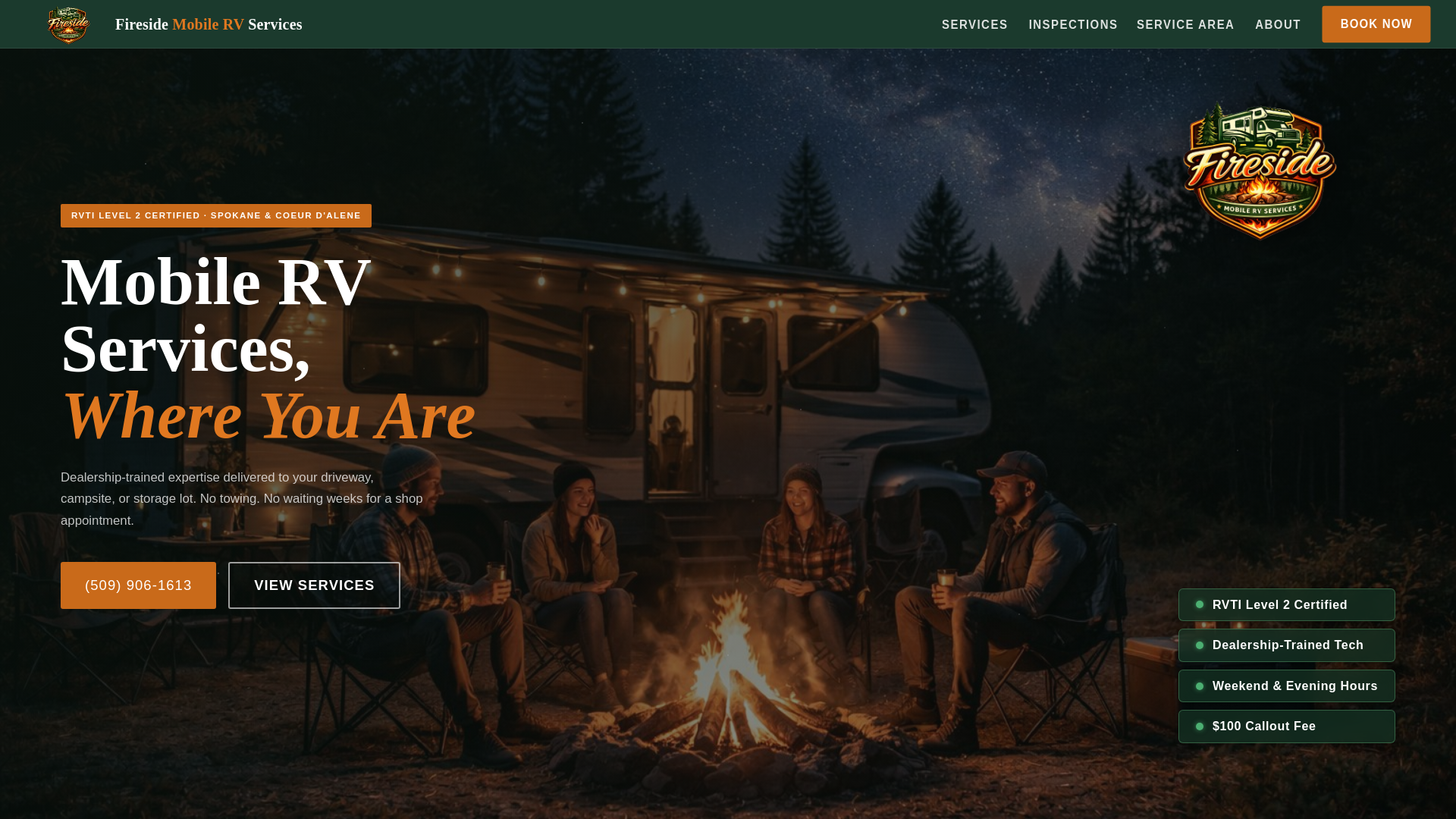 website screenshot of https://firesidemobilerv.com