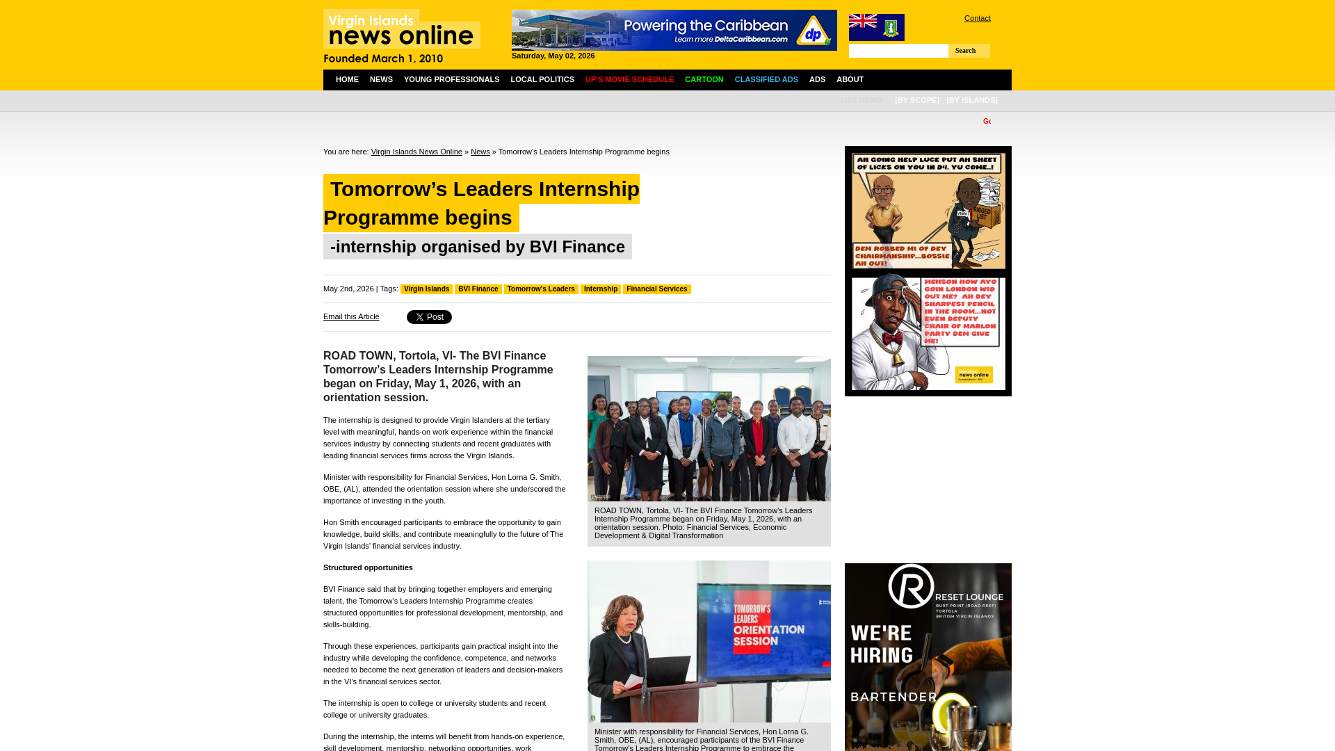 website screenshot of https://www.virginislandsnewsonline.com/en/news/tomorrows-leaders-internship-programme-begins/