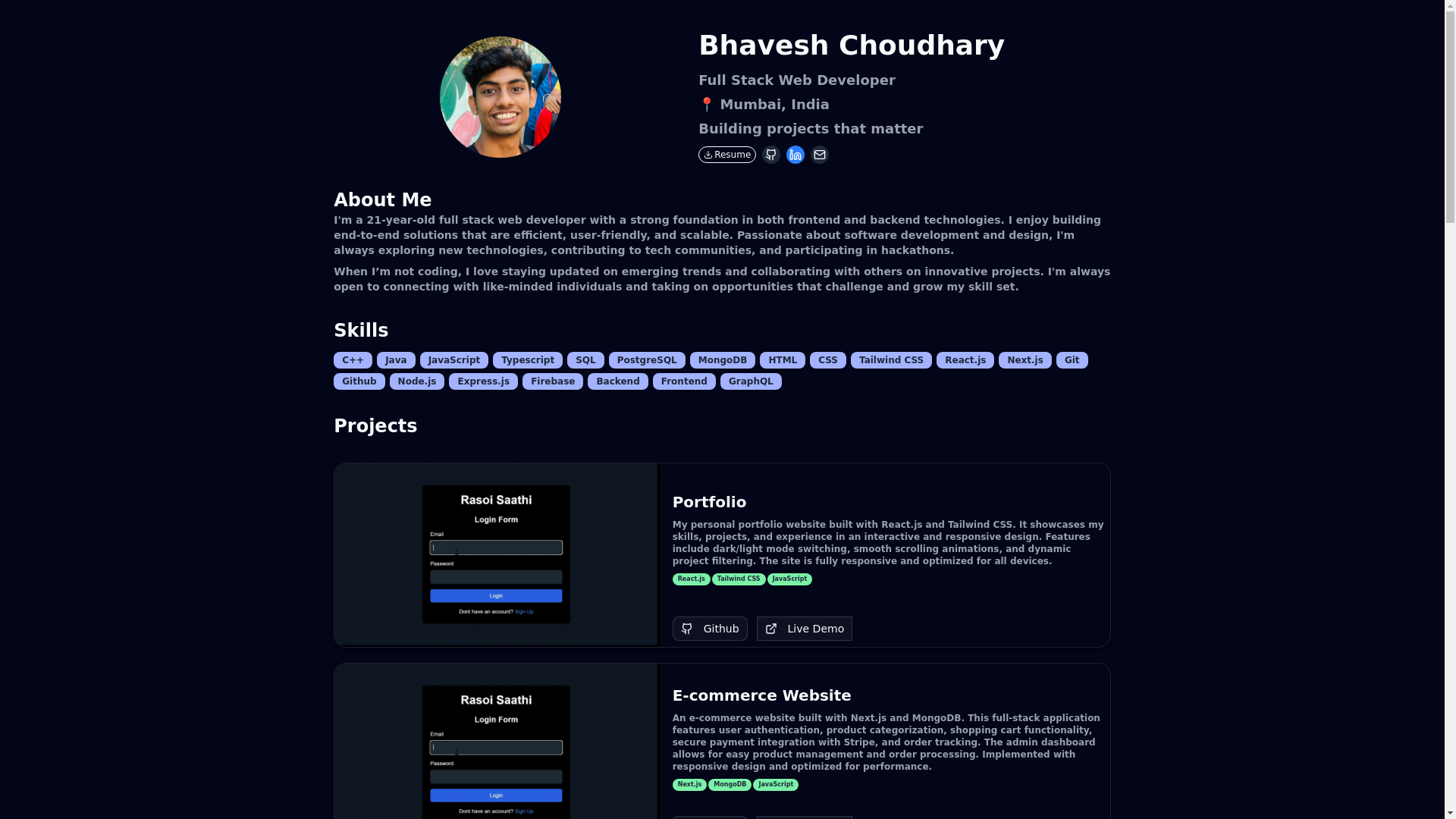 website screenshot of https://bhaveshchoudhary.me/