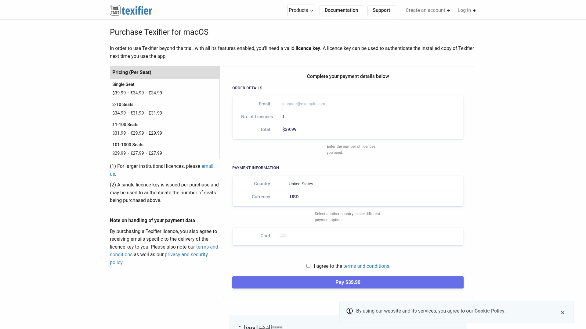 website screenshot of https://www.texifier.com/purchase