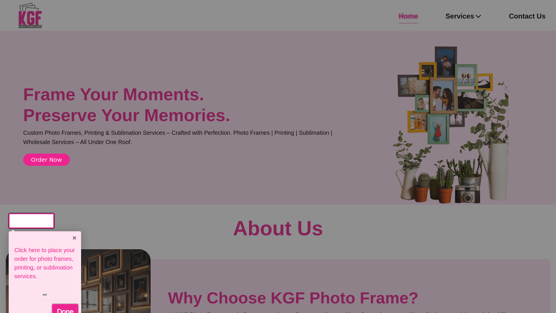 website screenshot of https://kgfphotoframes.in