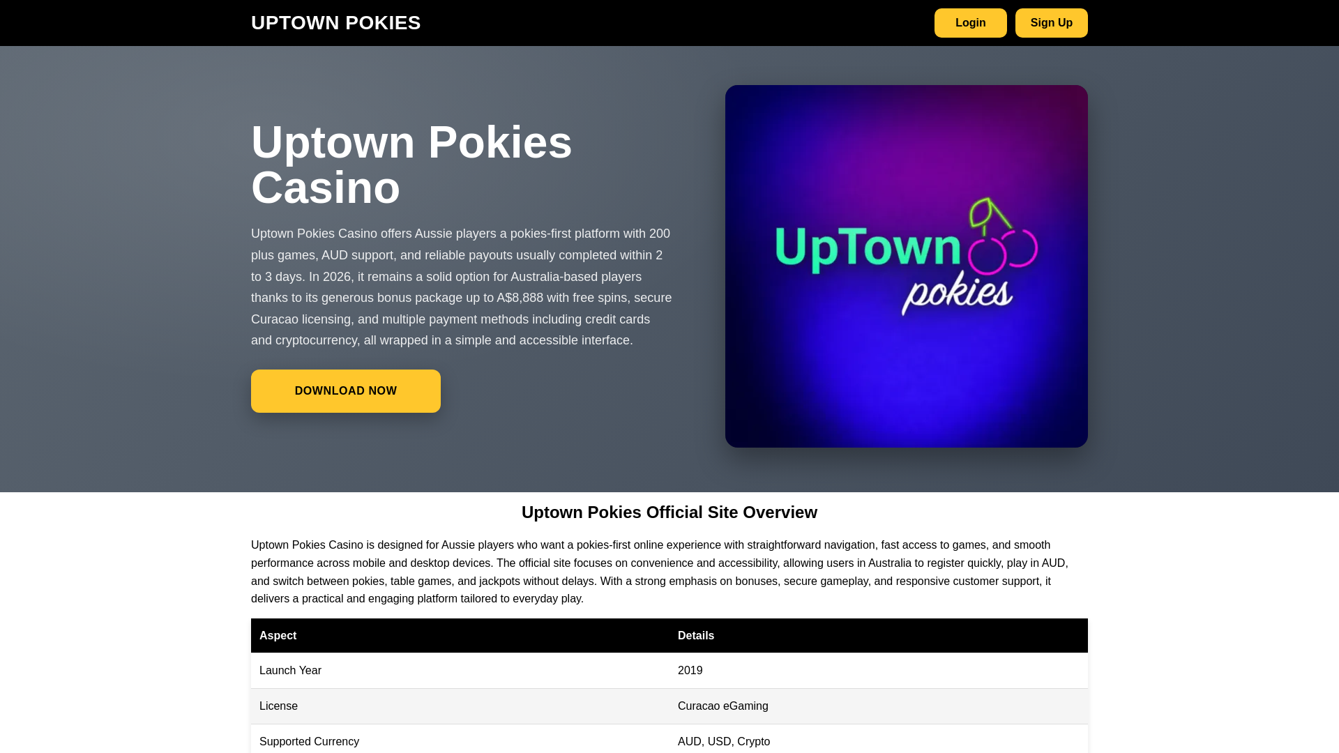 website screenshot of https://uptownpokiescasinoaus.com/