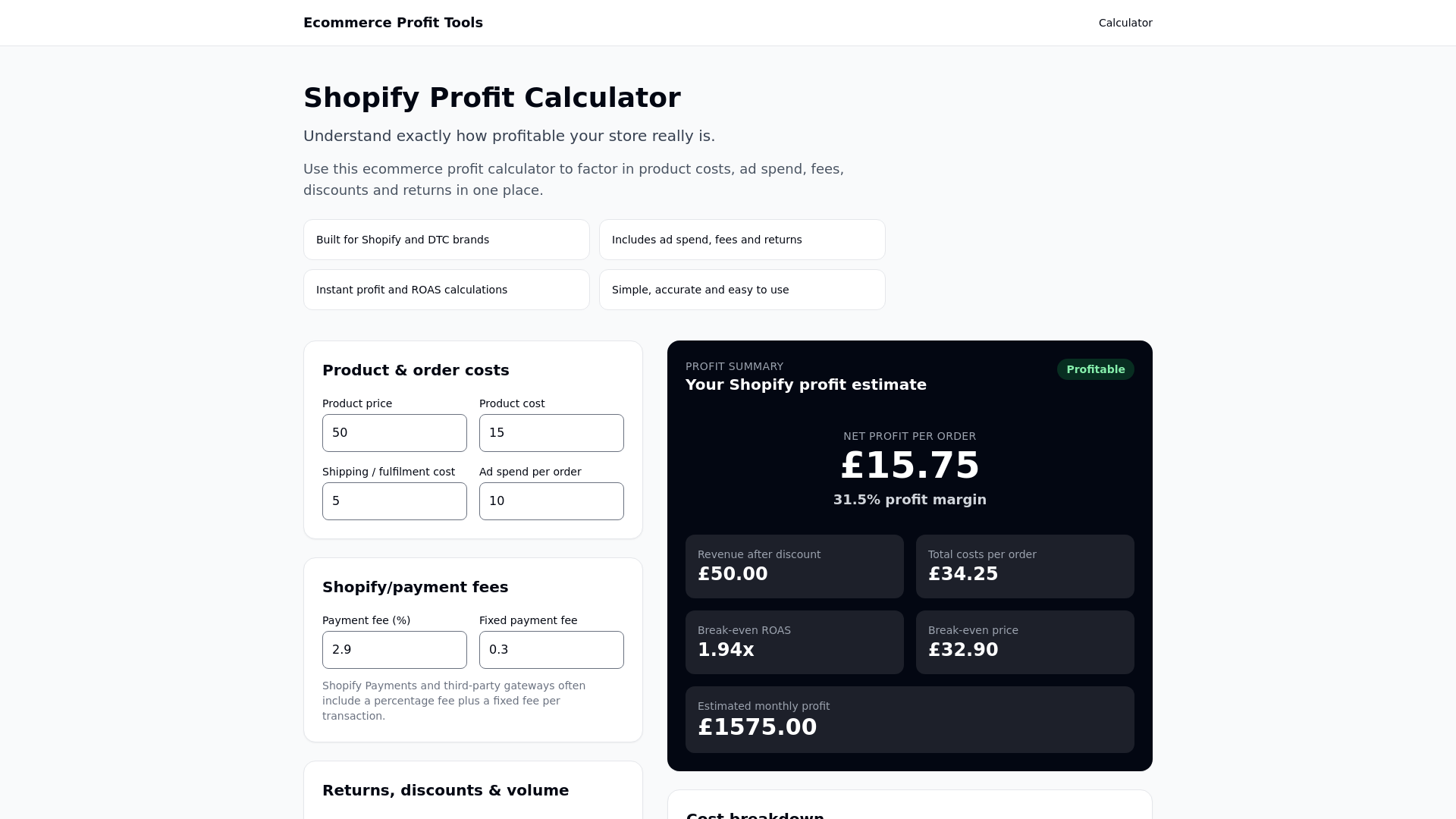 website screenshot of https://ecommerceprofitcalculators.com/