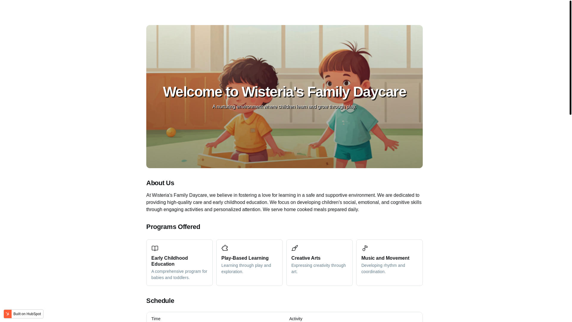 website screenshot of https://wisteriafamilydaycare.com/