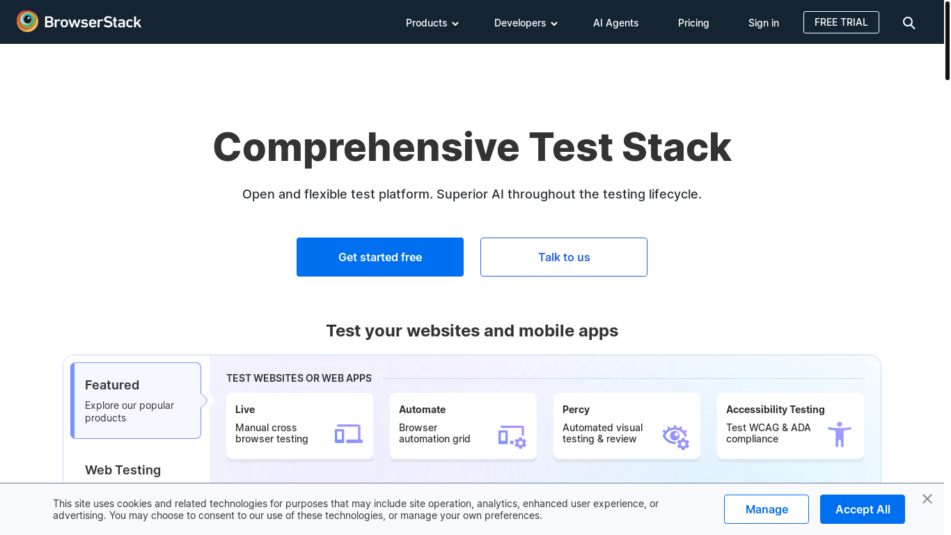 website screenshot of https://browserstack.com/