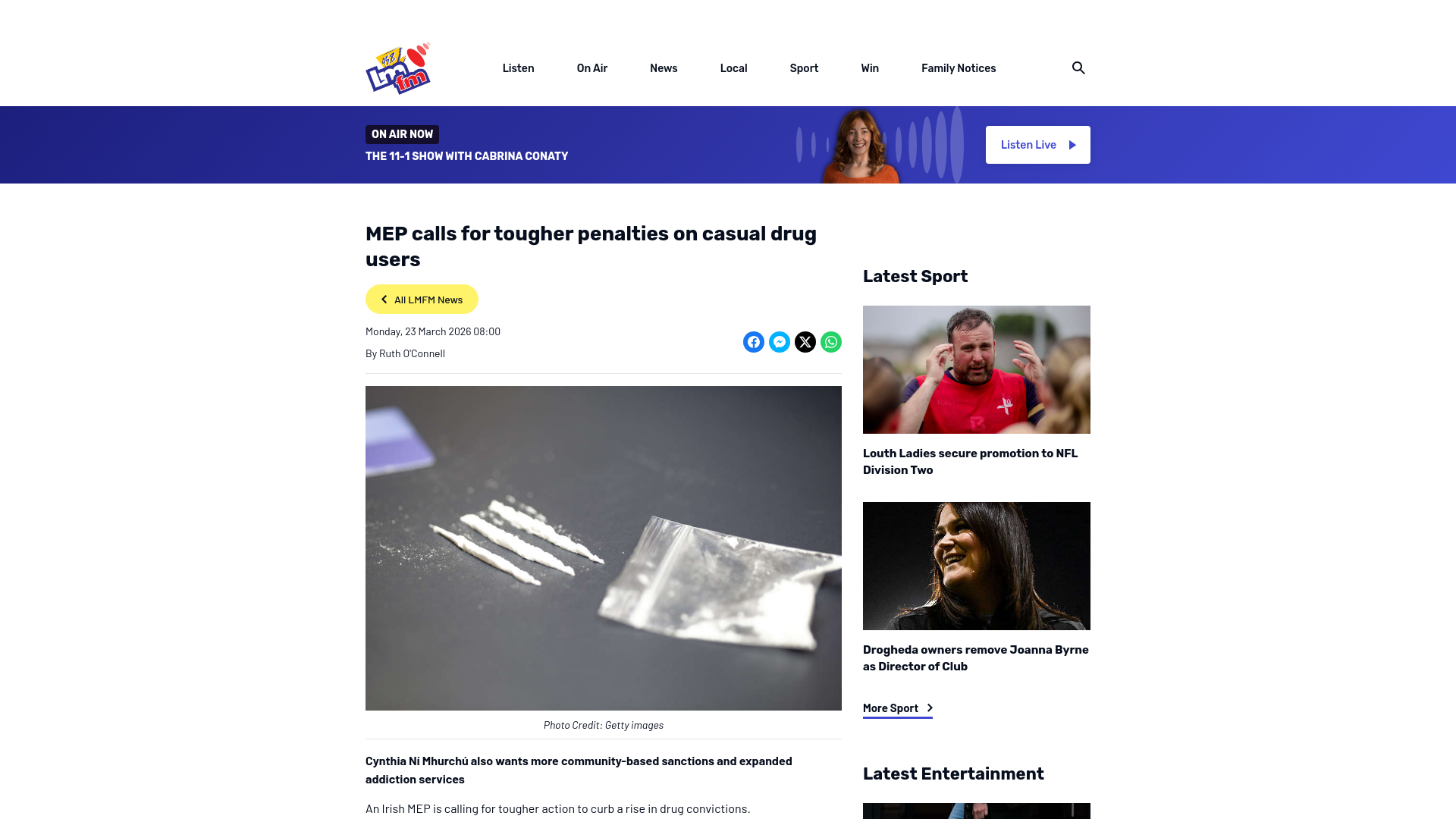 website screenshot of https://www.lmfm.ie/news/lmfm-news/mep-calls-for-tougher-penalties-on-casual-drug-users/