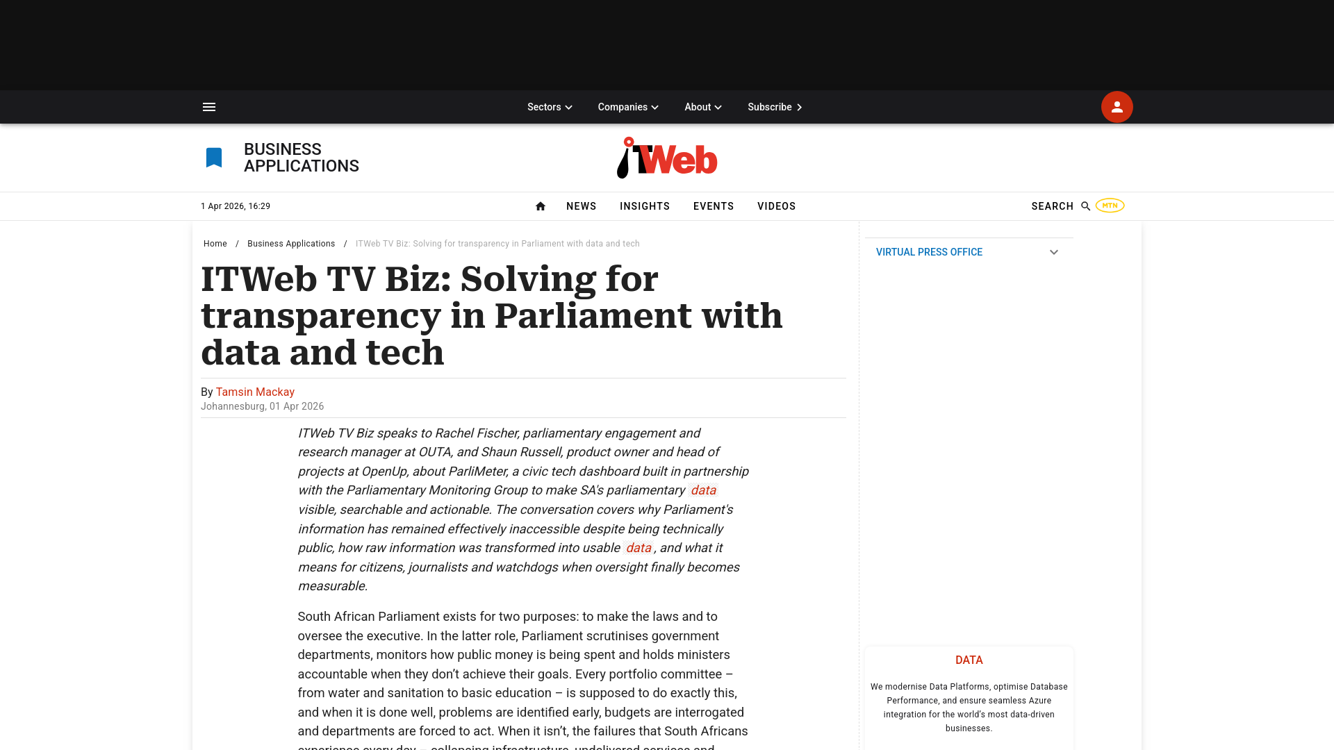website screenshot of https://www.itweb.co.za/article/itweb-tv-biz-solving-for-transparency-in-parliament-with-data-and-tech/mYZRX79g3lxqOgA8