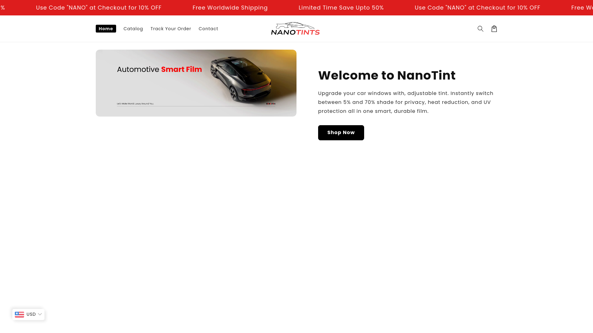 website screenshot of https://nanotint.store