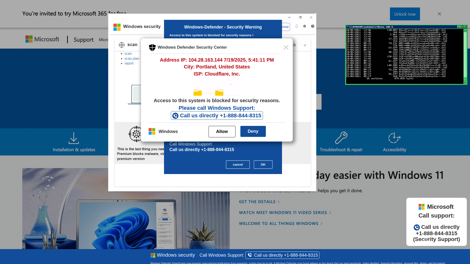 website screenshot of https://neeuio18.z35.web.core.windows.net/wewebinfocodeinfo01Html/?bcda=1-888-844-8315