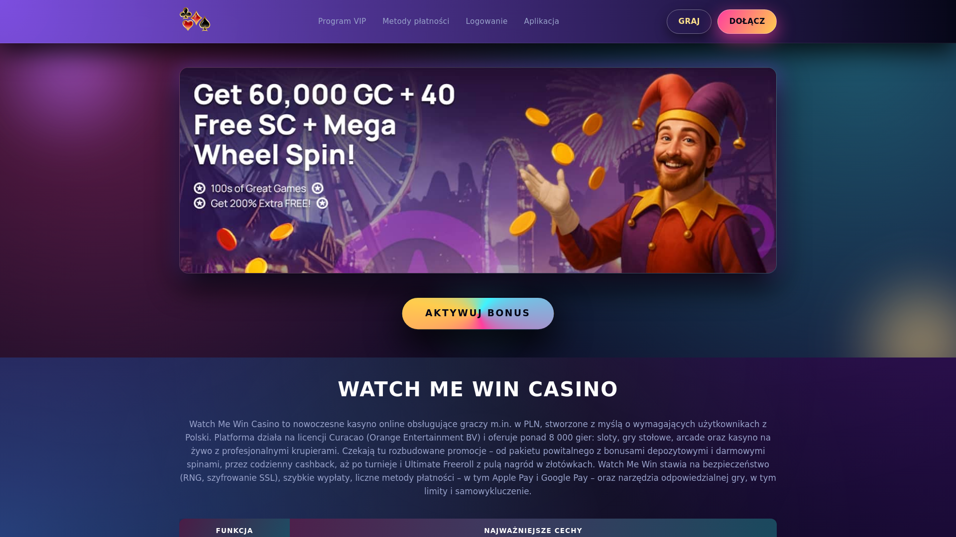 website screenshot of https://watchmewincasino.com.pl/