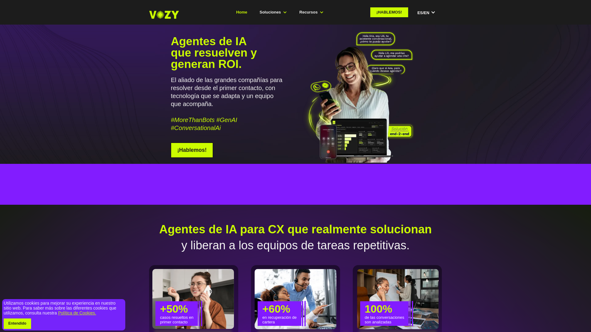 website screenshot of http://www.vozy.ai/es