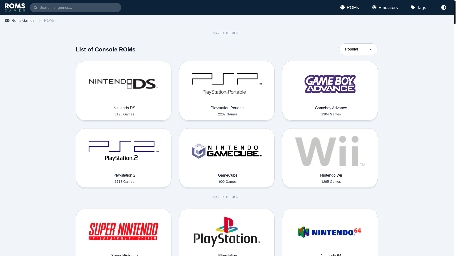 website screenshot of https://www.romsgames.net/roms/