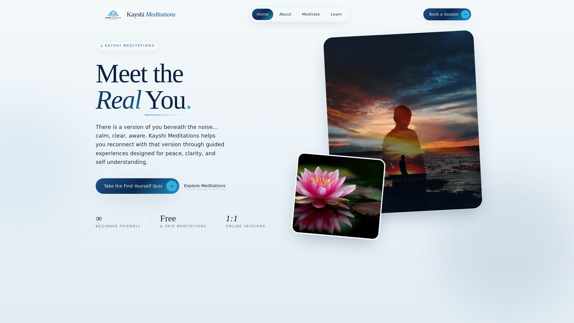 website screenshot of https://kayshimeditations.com/