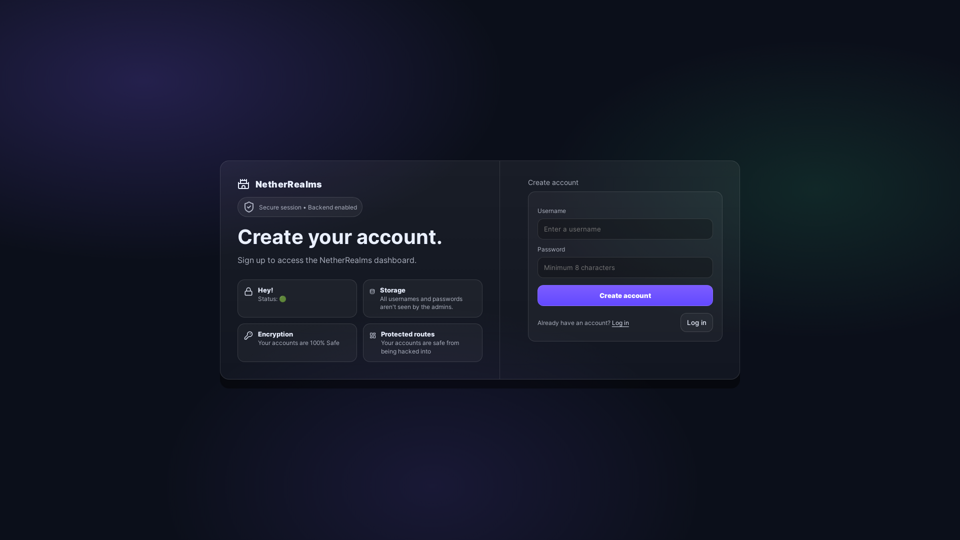website screenshot of https://netherrealms-dashboard.pages.dev/