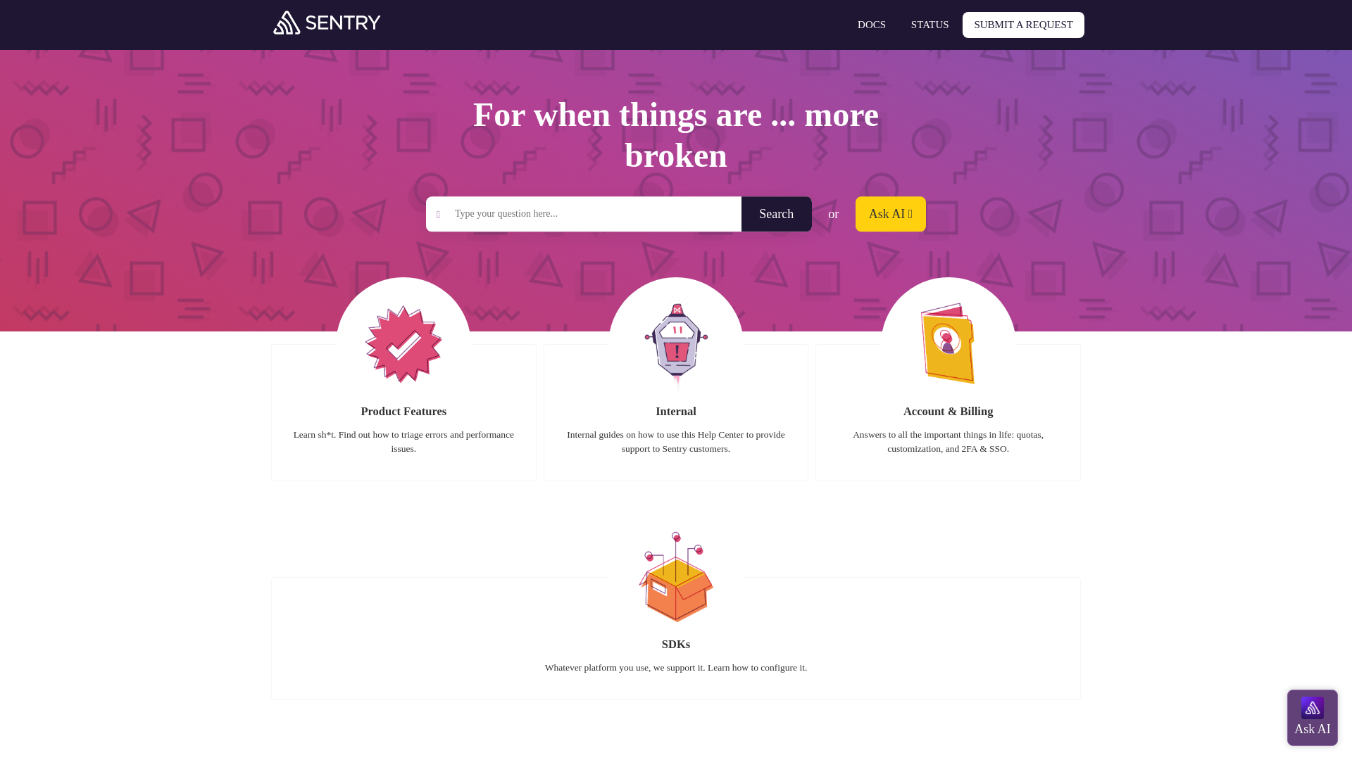 website screenshot of https://sentry.zendesk.com/
