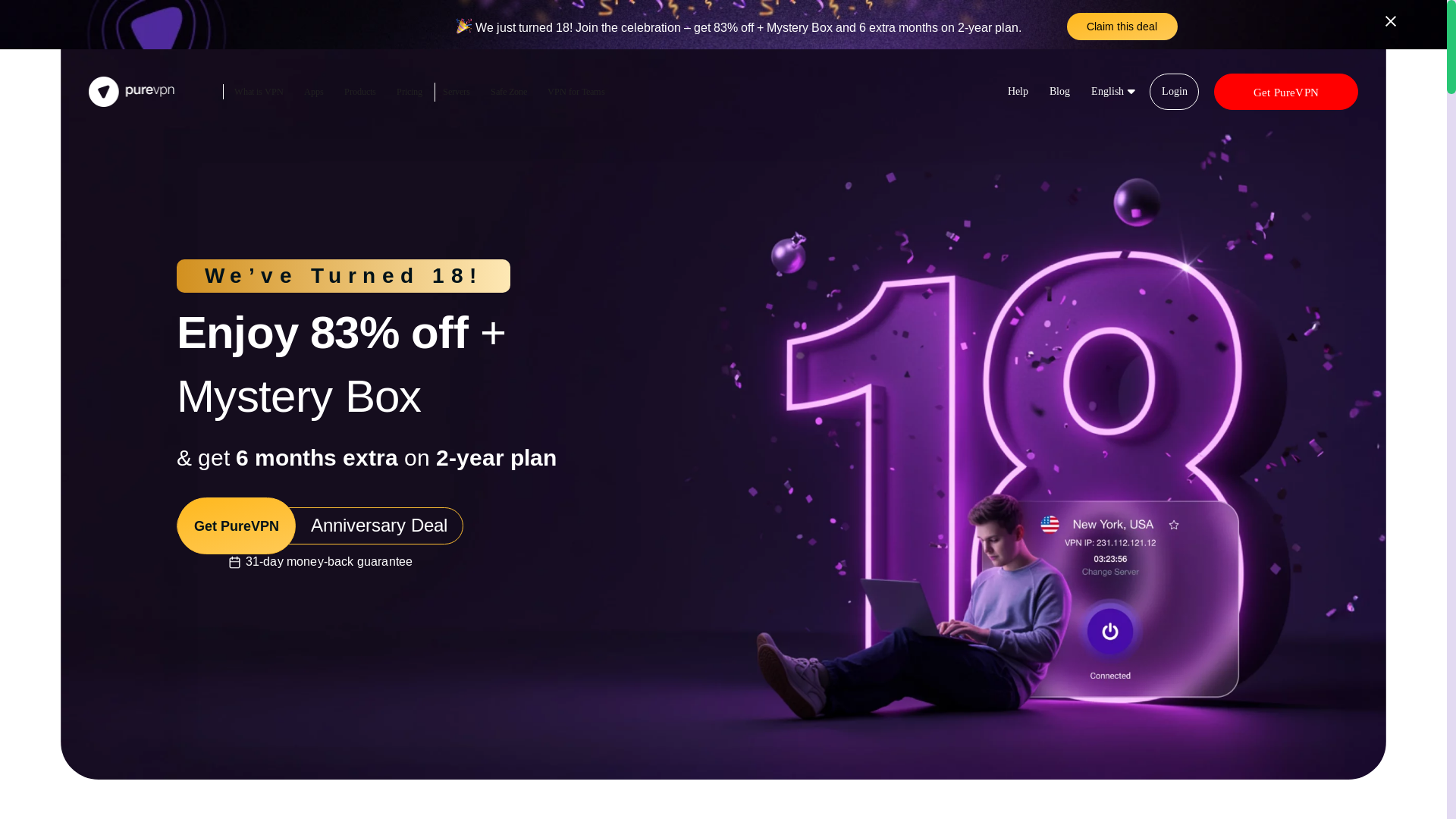 website screenshot of https://purevpn.com