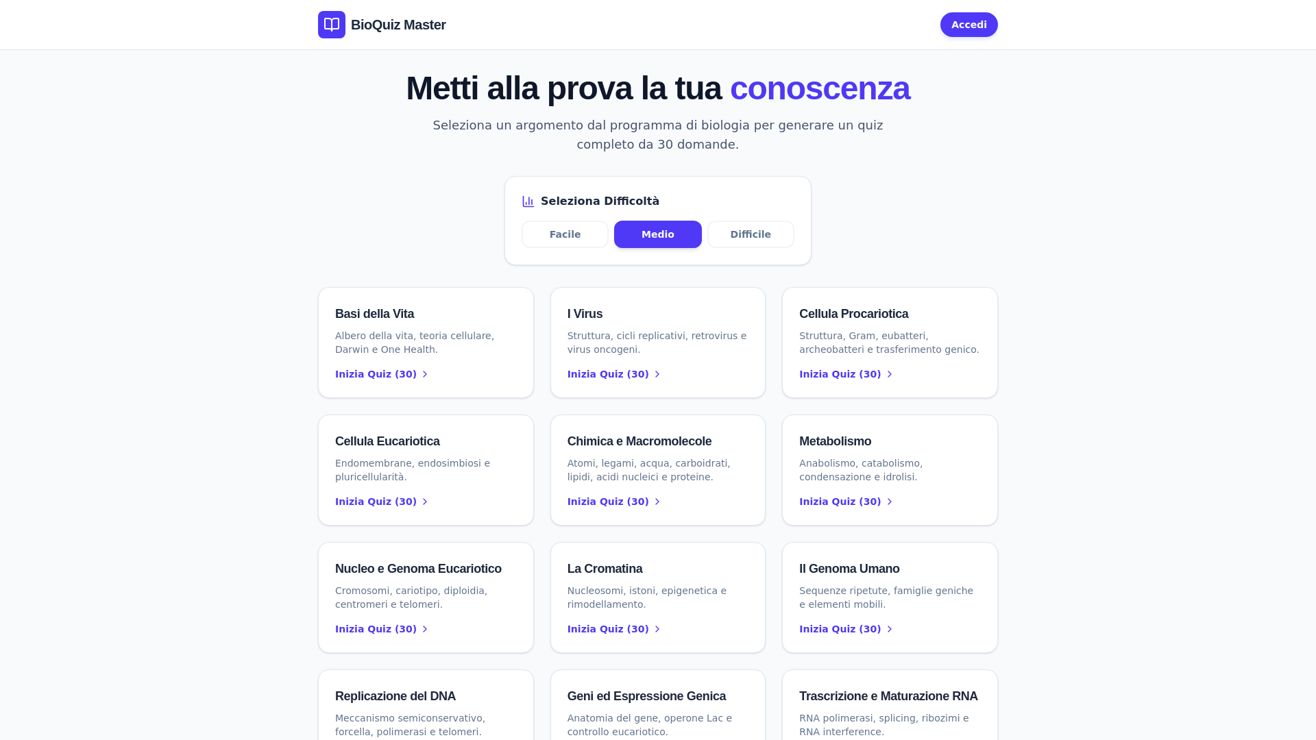 website screenshot of https://bioquiz.it/