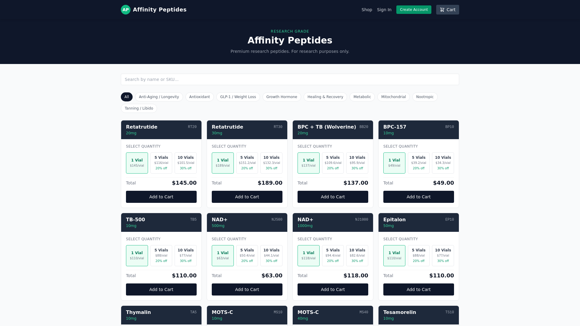 website screenshot of https://affinity-peptides.pages.dev/