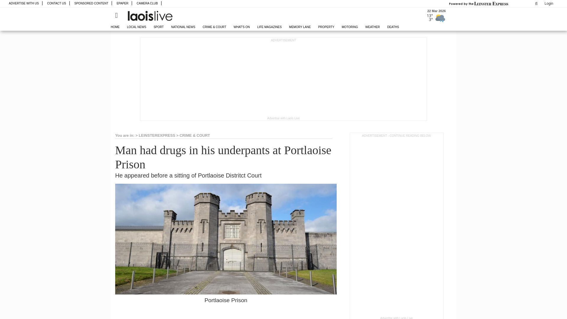 website screenshot of https://www.leinsterexpress.ie/news/crime---court/2043070/man-had-drugs-in-his-underpants-at-portlaoise-prison.html