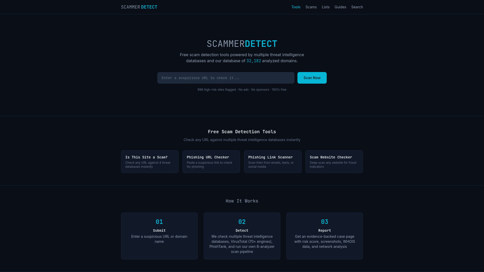 website screenshot of https://scammerdetect.com