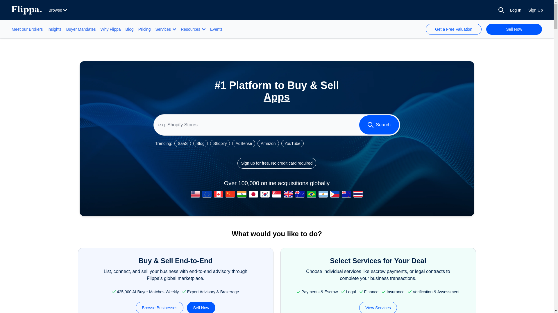 website screenshot of https://flippa.com/
