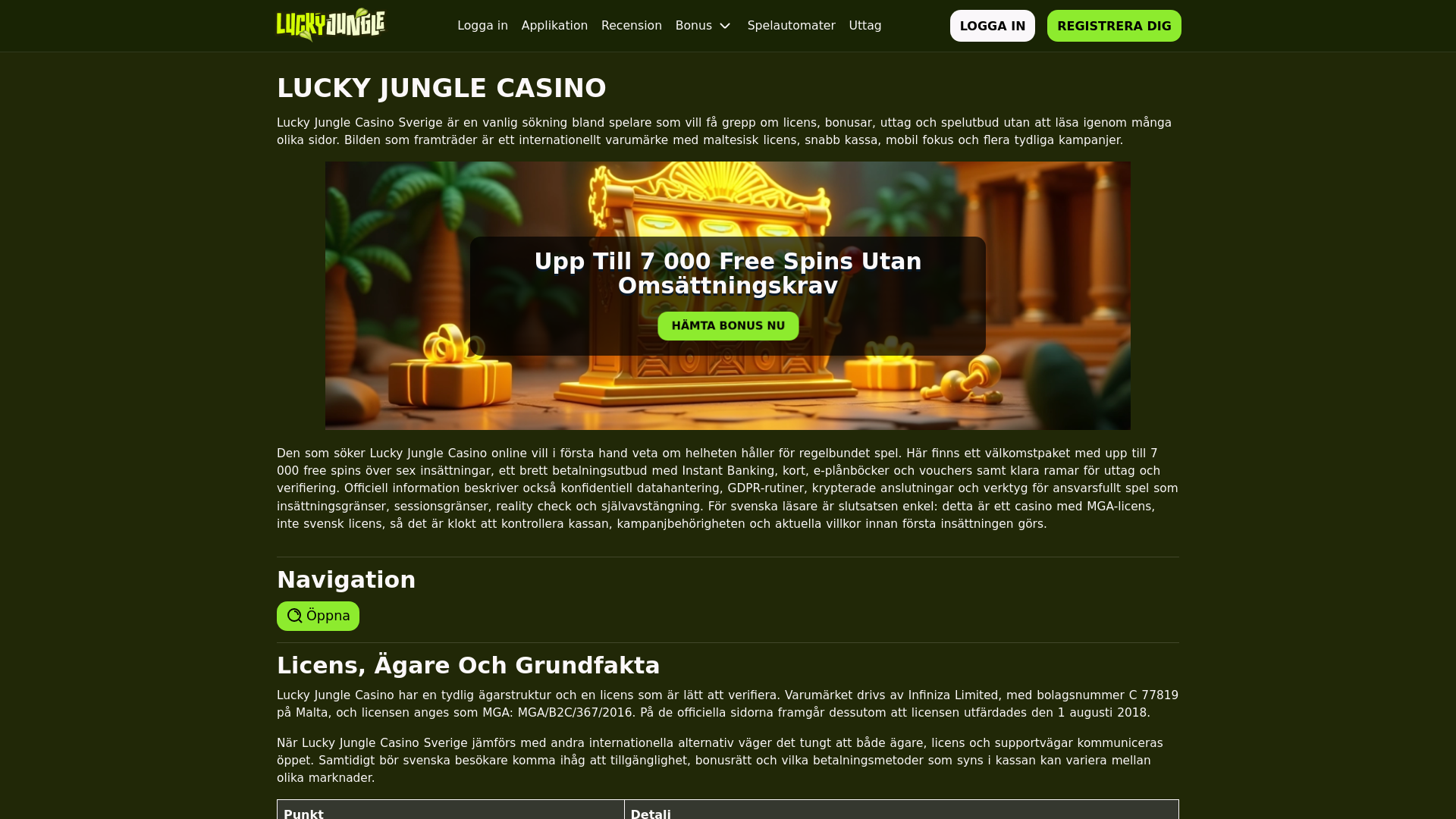 website screenshot of https://luckyjungle-casino.se/