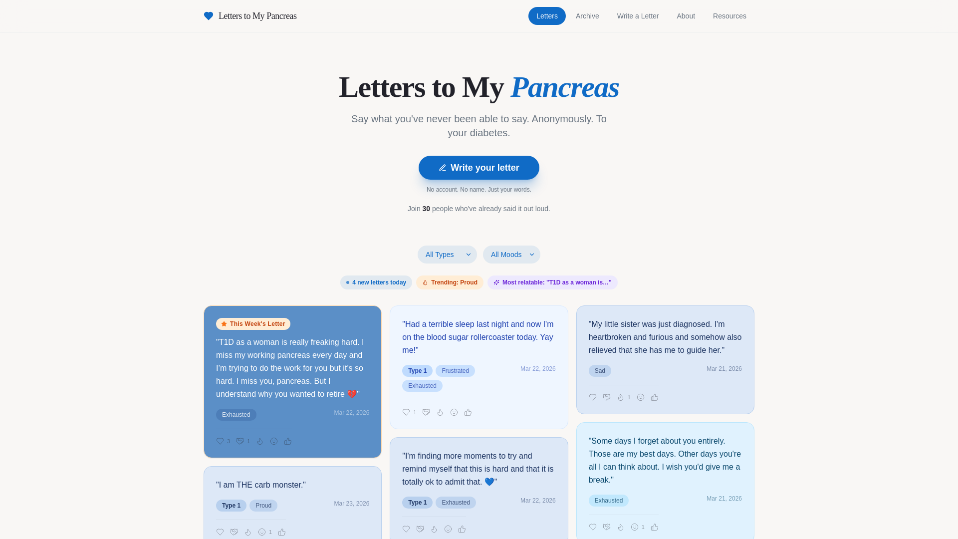 website screenshot of https://letterstomypancreas.com/