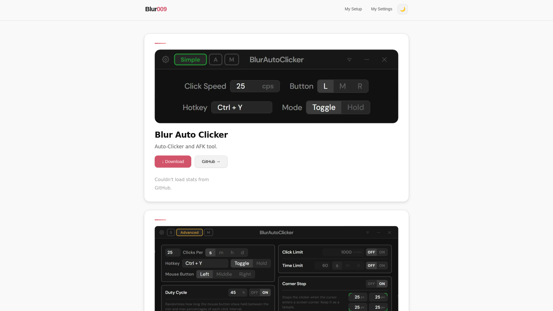 website screenshot of https://blur009.vercel.app/projects/blur-autoclicker