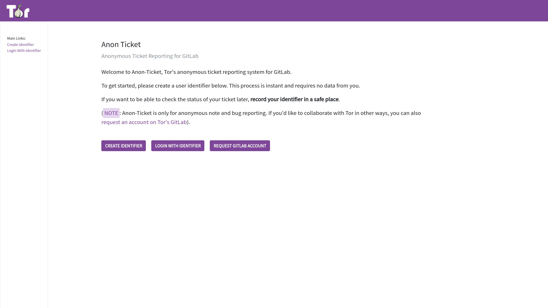 website screenshot of https://anonticket.torproject.org/