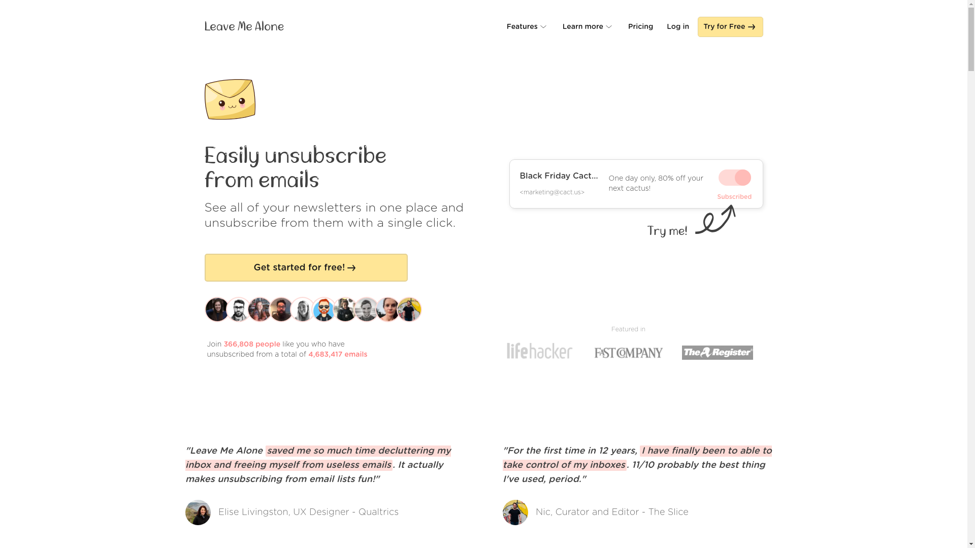 website screenshot of https://leavemealone.com/